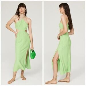 Louna Halter Cutout Green Side Slit Elegant Hourglass Crepe Midi Dress Gown S